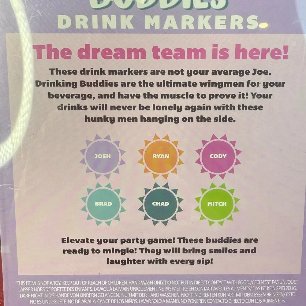Hunky Buddies Drinking Markers 6pk New Muscle Men Glass Hangers Bachelorette Fun
